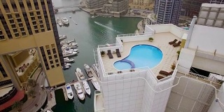 在迪拜，阿联酋的摩天大楼的屋顶上水池的鸟瞰图