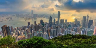 香港城市景观高视点香港太平山顶，中国4K时光流逝(向上倾斜)