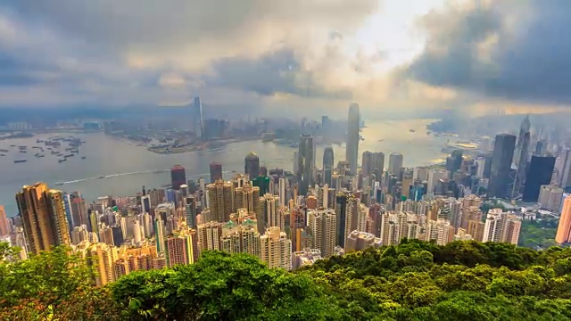 香港城市景观高视点香港太平山顶，中国4K时间流逝(缩小)