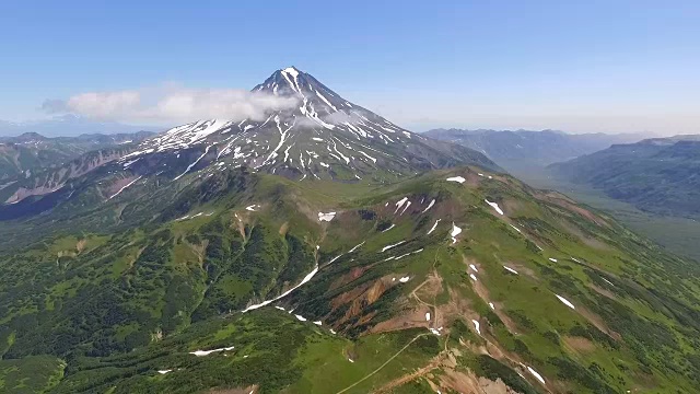 堪察加半岛的火山。摄影机对火山的跨度