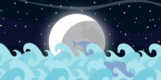 满月之夜，卡通海豚在海浪间跳跃