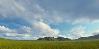 绿草如茵，随风飘动，连绵的山峦与连绵的乌云交相辉映