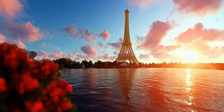 巴黎塞纳河，埃菲尔铁塔映衬着美丽的夕阳