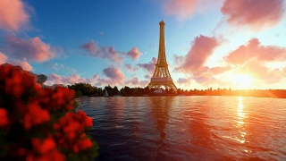 巴黎塞纳河，埃菲尔铁塔映衬着美丽的夕阳视频素材模板下载