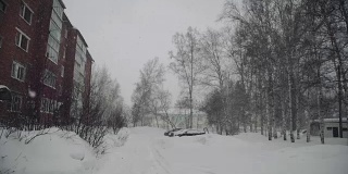 城里冬天，下雪了，街上，平房，树上