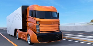 高速公路上的橙色自动驾驶卡车