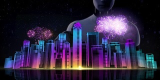 机器人，半机械人触摸屏，建筑建筑城市天际线。烟花,火焰,节日。氖蓝色x射线图像。