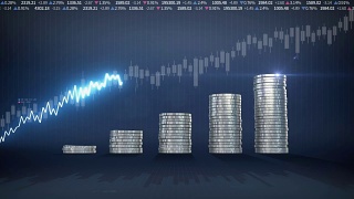 堆砌金币和增加蓝色波形线，表示股票市场下降，经济利润视频素材模板下载