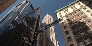 近距离观察:纽约曼哈顿下城金融区标志性的华尔街标志