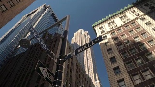 近距离观察:纽约曼哈顿下城金融区标志性的华尔街标志视频素材模板下载