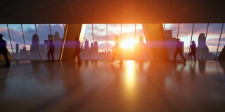 商业人士剪影步行通勤，后视图城市天际线在日落