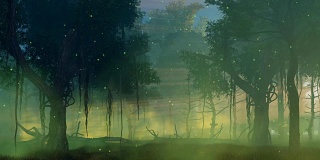 萤火虫的灯光在朦胧的夜晚森林电影