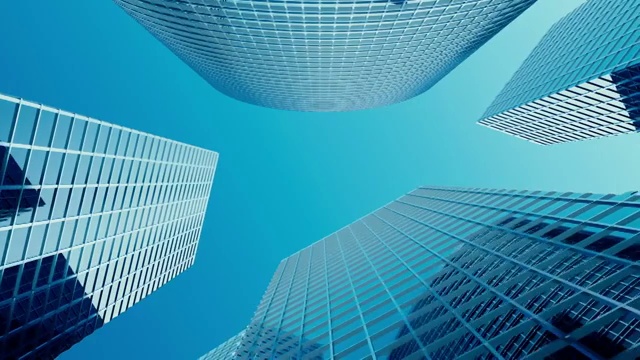 摩天楼采用蓝色玻璃，高层建筑，摩天楼，商业理念成功的工业建筑。三维动画