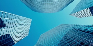 摩天楼采用蓝色玻璃，高层建筑，摩天楼，商业理念成功的工业建筑。三维动画