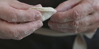 两只手在包肉饺子。