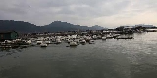 福建霞浦，农民在海边养殖鲍鱼，在水中放入大量笼子。他们生活在海面上。