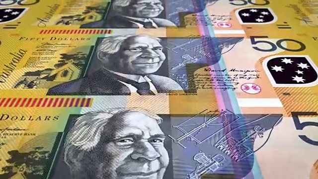 50澳元的钞票在屏幕上滚动，现金，循环
