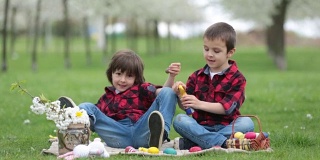 两个孩子，男孩兄弟，吃着巧克力兔子，玩着复活节彩蛋在公园里，美丽的春天盛开的花园