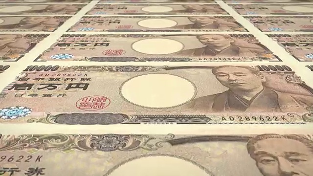 1万日元的钞票在屏幕上滚动，现金钱，循环