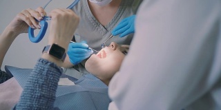 计划去看牙医。女人坐在牙科椅上，拿着镜子，医生和牙科护士用牙齿工作