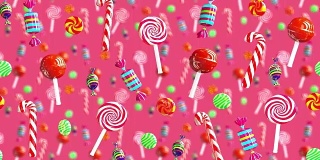 明亮的魅力，甜多汁的糖果，棒棒糖，朱帕糖，焦糖太妃糖，从右到左移动。高质量的背景。红粉色的糖果。