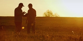 两个农业家紧紧地握着手。他们在美丽的日落下在球场上聊天，他们使用平板电脑。交易