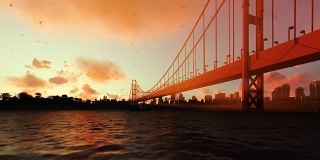 金门大桥渔船渐行渐远，夕阳美丽