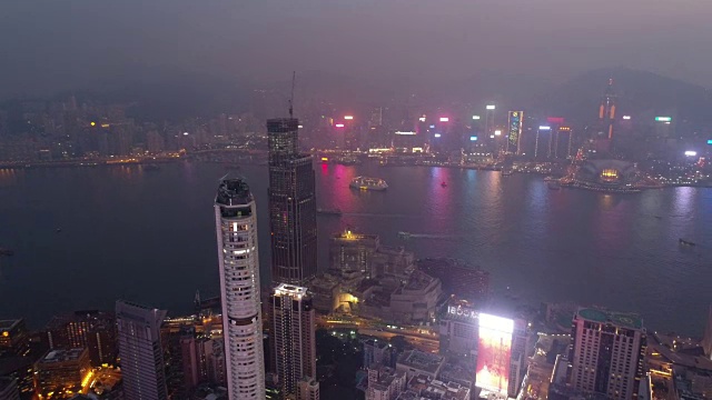 china twilight illumination kowloon island hong kong bay aerial panorama 4k