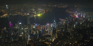 中国夜照亮香港市中心海湾航拍全景4k