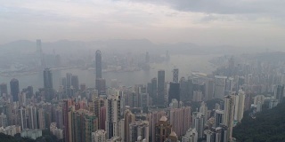 中国香港城市上午天空维多利亚港空中全景图，4k