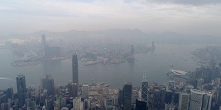 中国香港著名海湾航拍晨雾日出全景4k