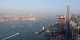 中国日落光香港城市维多利亚港交通空中全景图4k