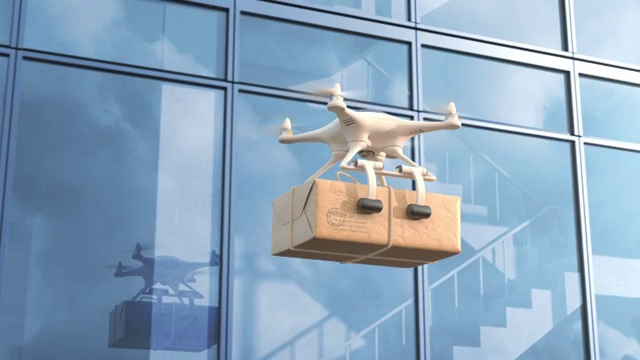 四轴飞行器(Quadcopter)在一栋办公大楼旁投递邮件