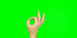 好，在绿色屏幕上做手势。表示同意、同意或一切都很好。拇指和食指围成一个圆圈。素材包含纯绿色，而不是alpha通道，容易按键。