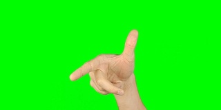 滑动、旋转、捏缩、缩放手指手势。前视图手在绿色屏幕上。绿色屏幕上多点触控手势。有相同的后视图。虚拟屏幕手势。包含纯绿色而不是alpha。