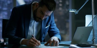 深夜商人在他的私人办公室里用笔记本电脑签署文件，可以看到大城市的窗户。