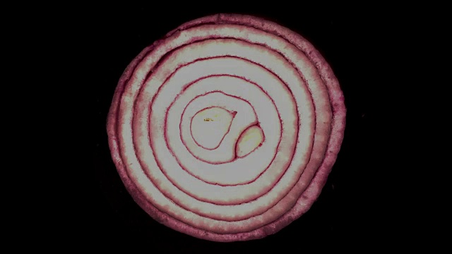 在定格动画中切红洋葱。在黑色背景上拍摄。酷现代烹饪和食品意识的概念。新鲜水果及蔬菜