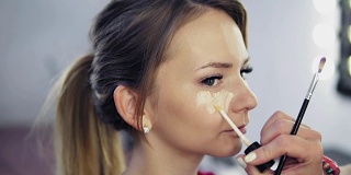 专业化妆师的特写应用遮瑕膏的皮肤年轻女子用刷子覆盖黑眼圈，使脸部看起来更明亮。Slowmotion拍摄