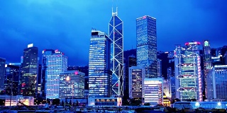 香港日落城市景观时间推移。4K宽镜头。