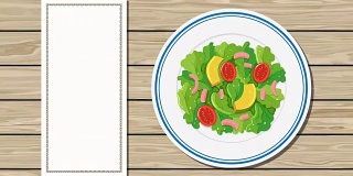顶视图与不同的食物和菜单在过渡卡通风格的盘子