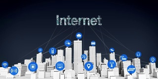 智能城市上的东西传感器图标，连接电网错字“互联网”白色建筑。