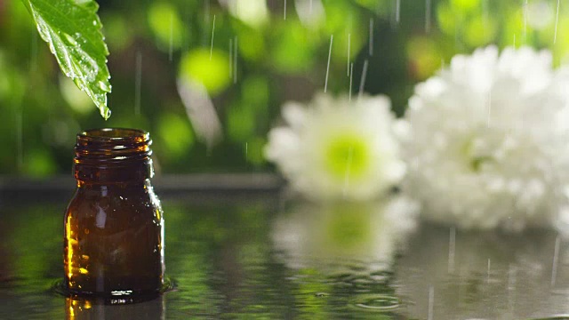 混合精油与水滴，香味和芳香的芳香疗法为健康和水疗。美丽的理念。芳香精油。精华液从树叶上滴入健康中心的泳池