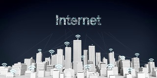 事物Wi-Fi图标上的智慧城市，连接网格错别字“互联网”白色建筑。