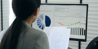 近距离观察在办公室工作的商业女性在电脑上的商业图表