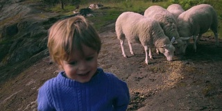 小男孩在大自然中与羊玩耍