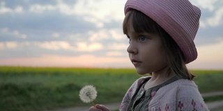 美丽的小女孩吹蒲公英，肖像可爱的小女孩在田野的背景与鲜花在日落的太阳
