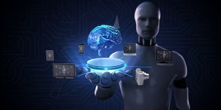 机器人，半机械人张开手掌，连接数字大脑的设备，人工智能。物联网。