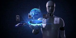 机器人、半机械人张开手掌、连接智能家居设备的数字大脑、物联网概念。人工智能。