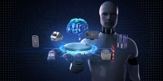 机器人，半机械人打开手掌，设备传感器图标连接数字大脑，人工智能。物联网。
