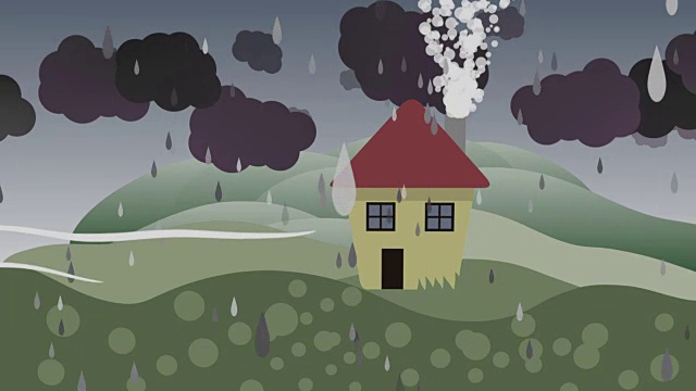 卡通二维动画的房子在阳光和雨天。无缝循环。动画